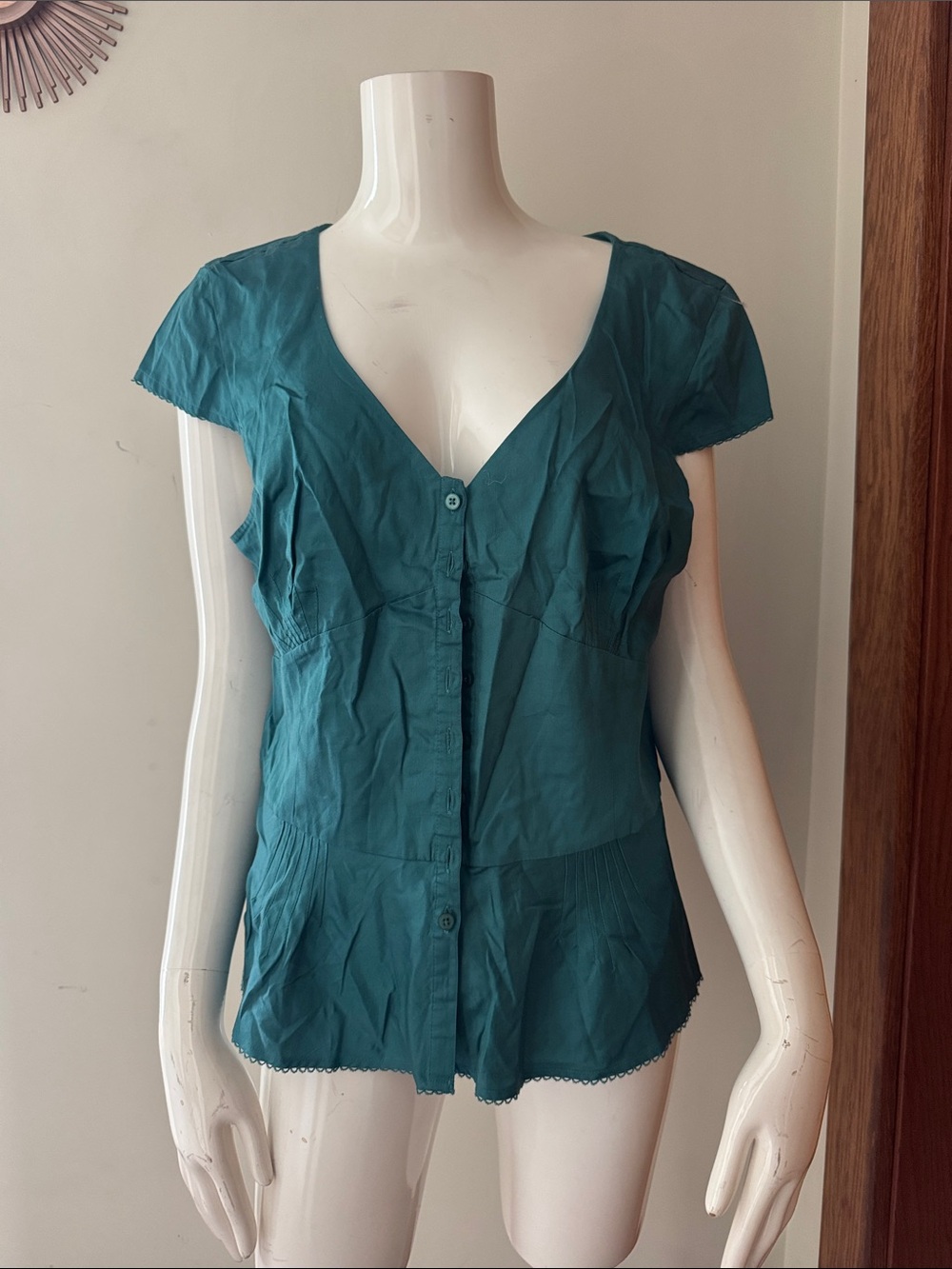 LOFT Teal Ruffle Button Front Blouse SIZE 14 NWT Cap Short Sleeve